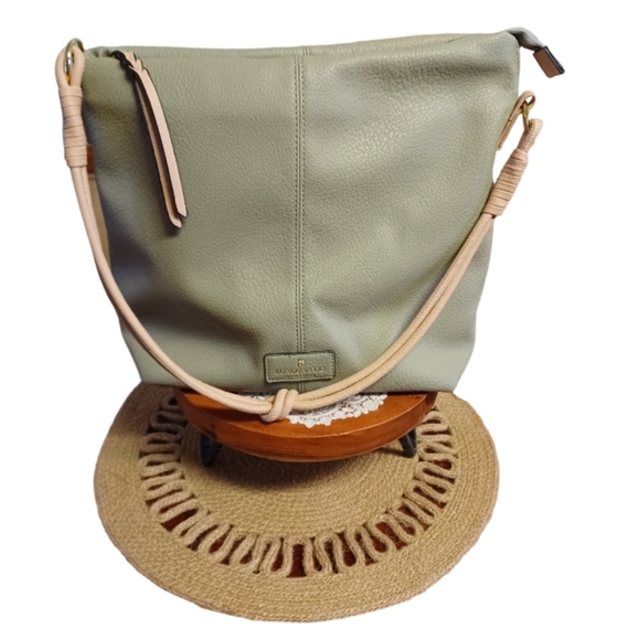 London Fog Collection Sage Green/Cream/Tan Oversized Knotted Strap Bag 12" - Picture 9 of 16